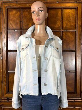G by Giuliana Bleach Beach Wash Fringe Seam Front Step Hem Stretch Denim Jacket